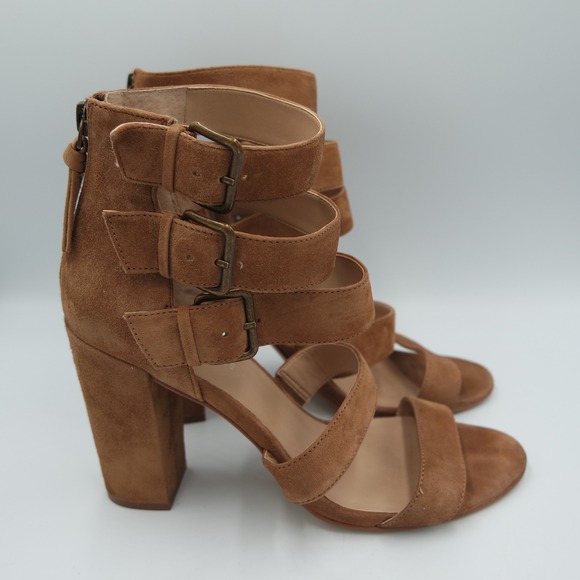 Saks Fifth Avenue Shoes - Saks Fifth Avenue Tan Suede Strappy Gladiator Block Heel Sandals Womens 9M